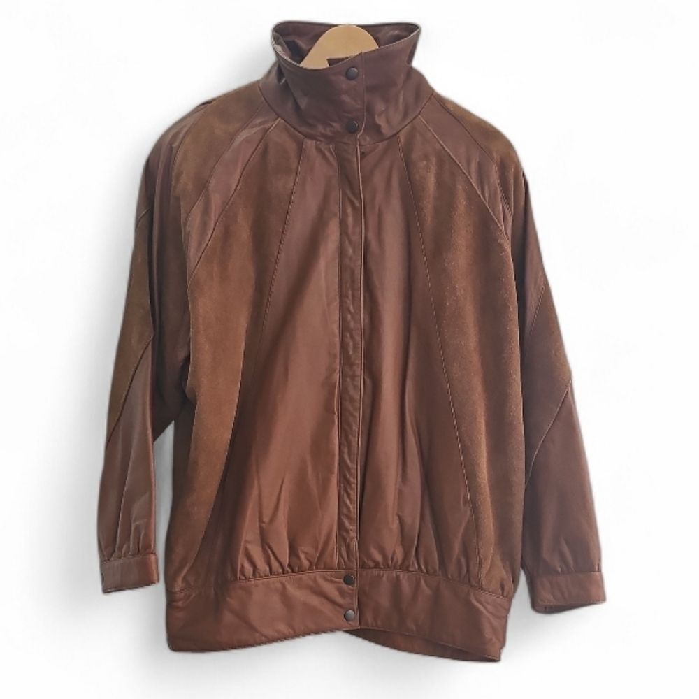 Vintage Lindsey Blake Leather Bomber Jacket Brown Oversized Korea Made Sz M
